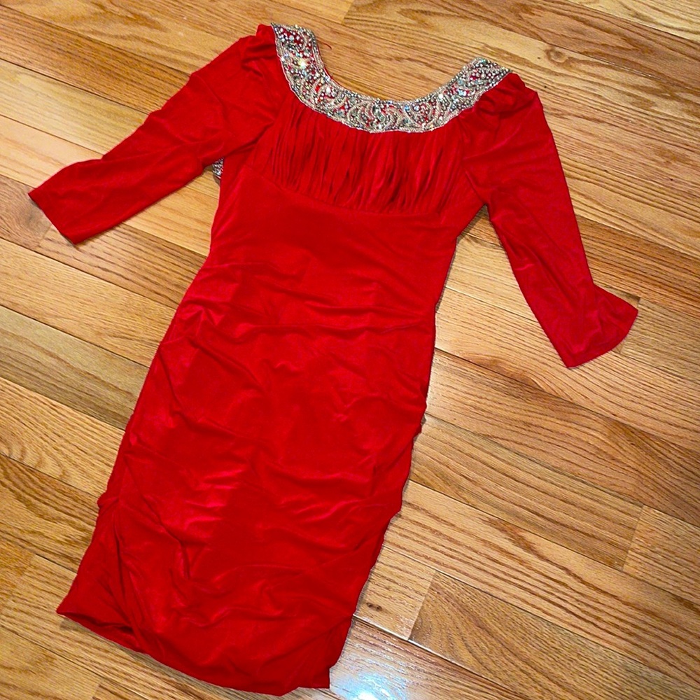 Sherri Hill Size 4 Backless Long Sleeve AB Collar Red Dress